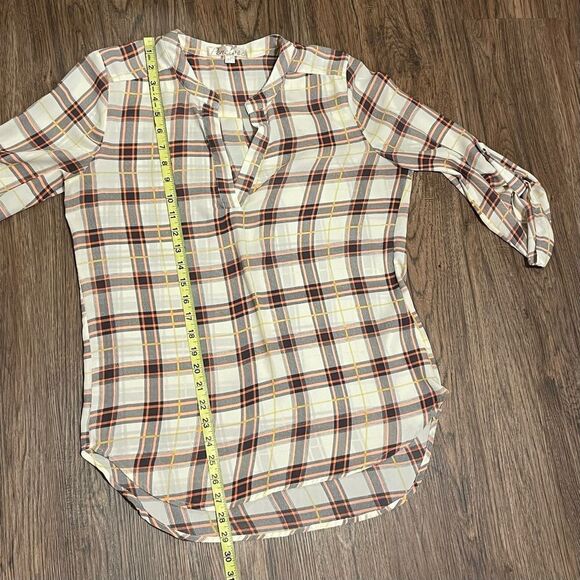 Penelope Long Sleeve Plaid Pattern Lightweight Blouse Cream Neon Coral Black Med - Picture 11 of 11